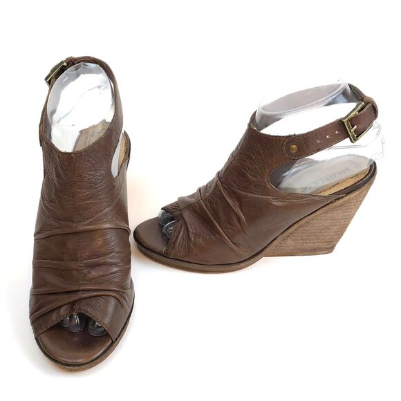 Vintage Anthropologie MATISSE New Haven Brown Leather Peep Toe Wedge Size 5 1/2 - Picture 3 of 11